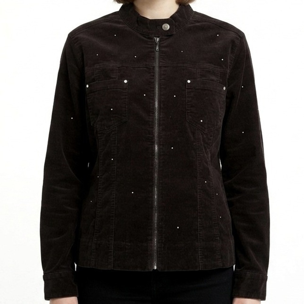Quacker Factory Corduroy Jacket Womens XL Black Rhinestone Zip Up Coat